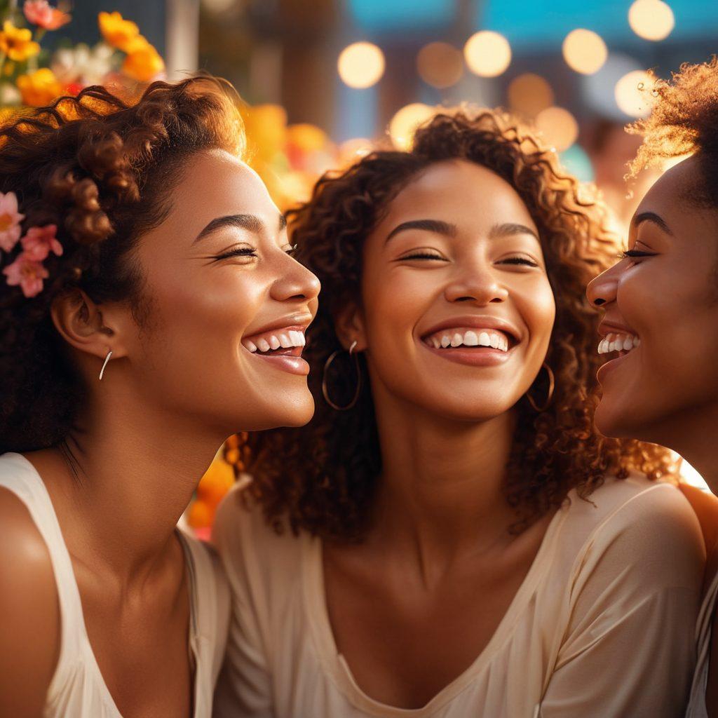 A diverse group of women laughing and sharing positive moments, surrounded by vibrant video screens displaying uplifting content. Each woman embodies strength and joy, with dynamic colors radiating from the screens to create a bright atmosphere. Incorporate elements like flowers and sunlight to emphasize a feeling of warmth and empowerment. super-realistic. vibrant colors. light bokeh effect.