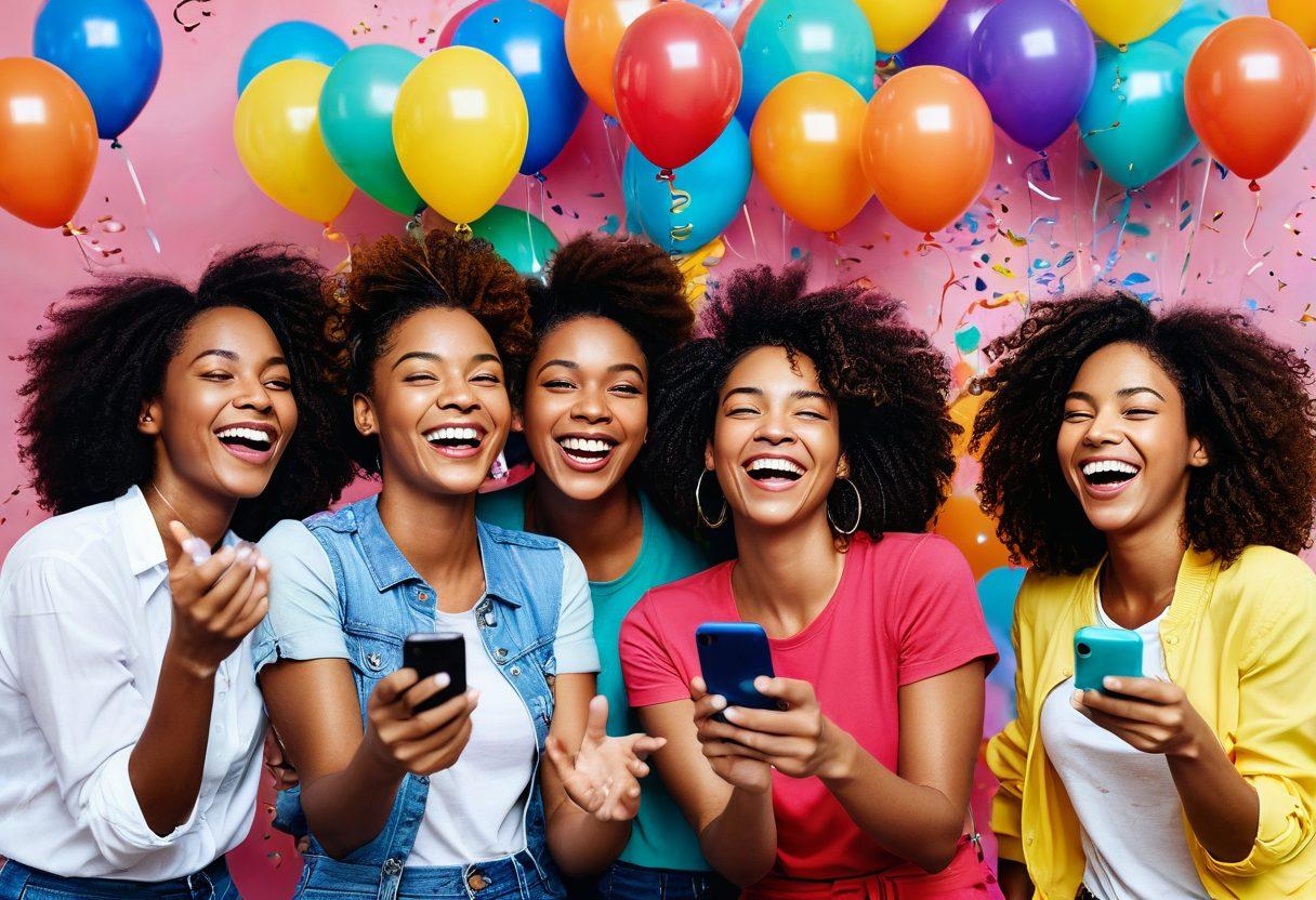 A vibrant scene featuring a diverse group of joyful women laughing and sharing moments while watching fun videos on their phones. The background is filled with bright colors, balloons, and confetti, symbolizing celebration and happiness. Incorporate elements of girl power, such as empowering phrases or symbols artistically integrated into the scene. The overall mood is uplifting and energetic, inviting viewers to join in the fun. colorful illustration. vibrant colors. cheerful atmosphere.