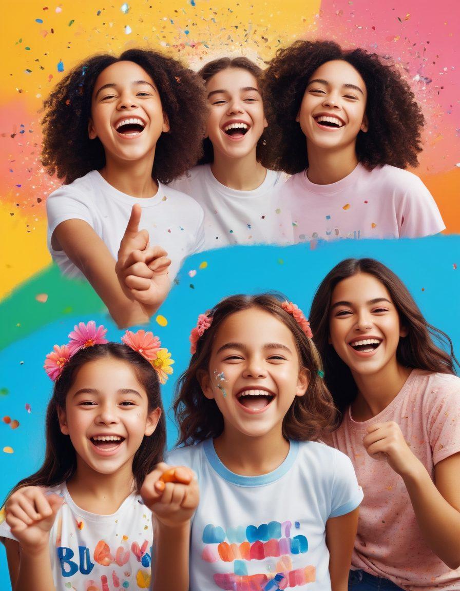 A dynamic and colorful collage showcasing diverse young girls engaging in various empowering activities, such as sports, arts, and sciences, with joyful expressions. Include vibrant elements like confetti and flowers that symbolize celebration and unity. The background should be bright and uplifting, filled with sunshine and hints of nature. super-realistic. vibrant colors. cheerful atmosphere.